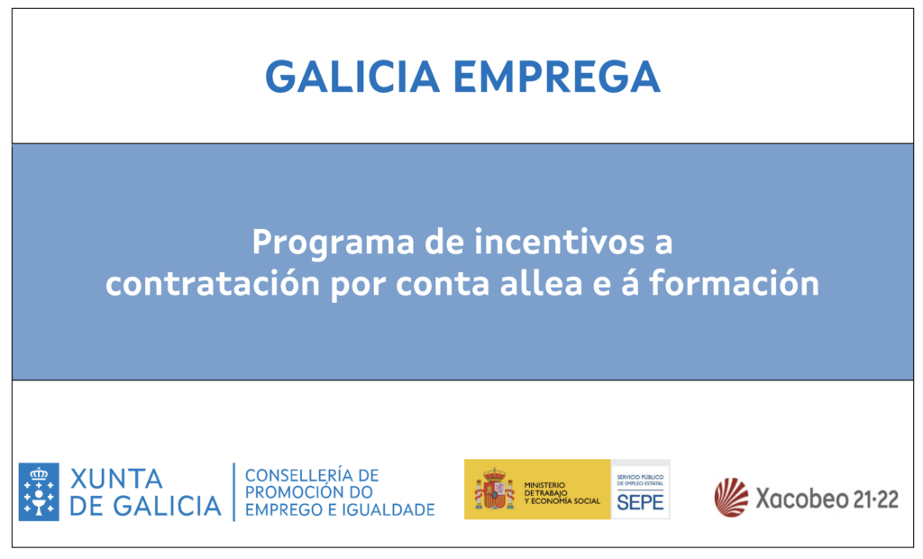Cartel del programa Galicia Emprega, incentivos a la contratación por cuenta ajena y a la formación, con logos de la Xunta de Galicia, SEPE y Xacobeo