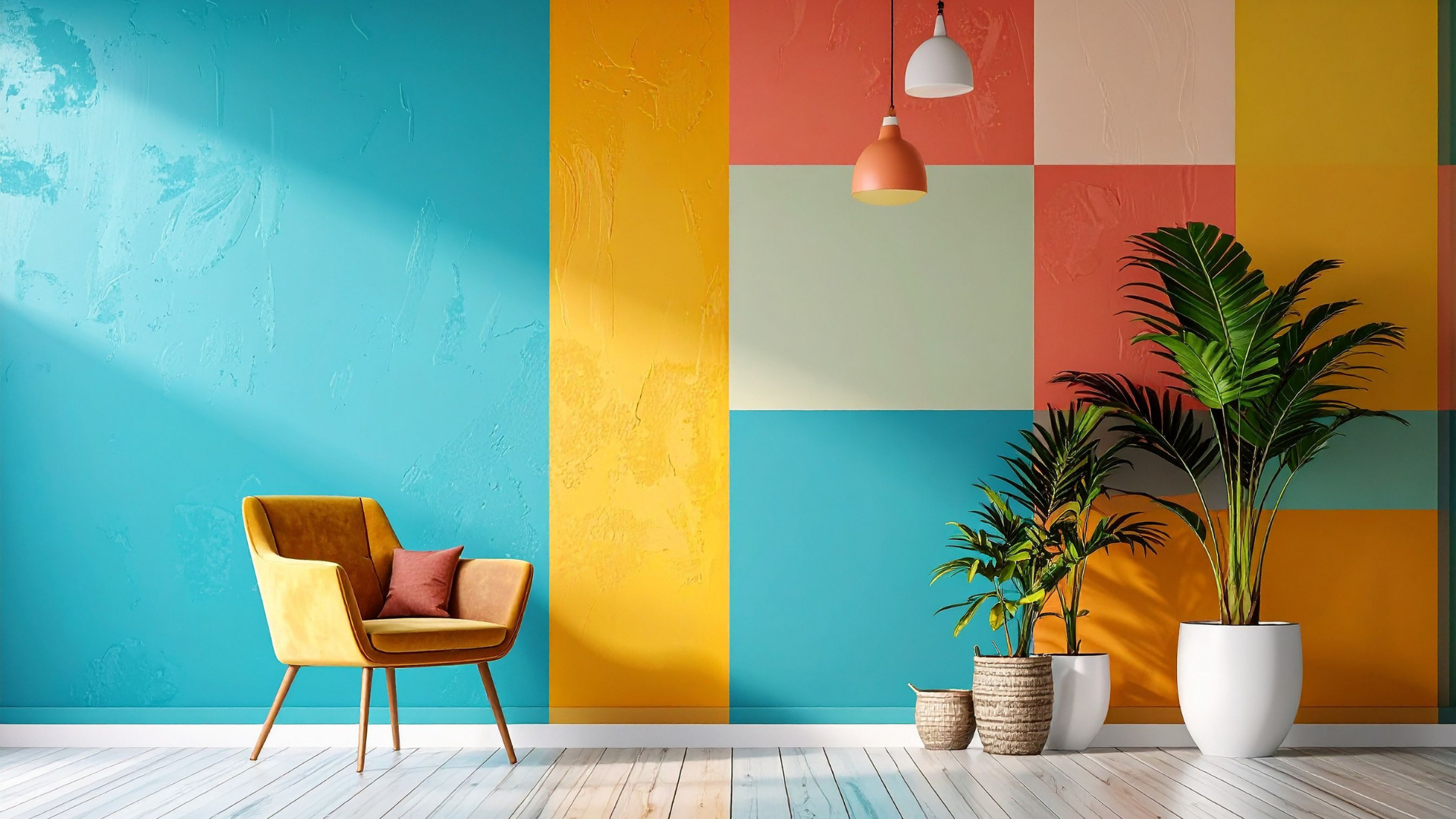 Pared decorativa de interior pintada con bloques de colores modernos en tonos azul, amarillo, coral y blanco para aportar personalidad y luminosidad a la estancia.